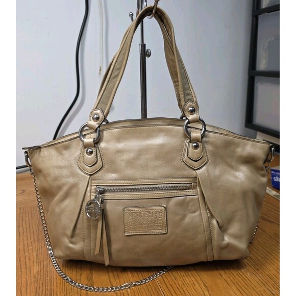 Coach Handbags - Coach Poppy Leather Rocker Satchel Legacy Lining Metallic Tan Leather 16285